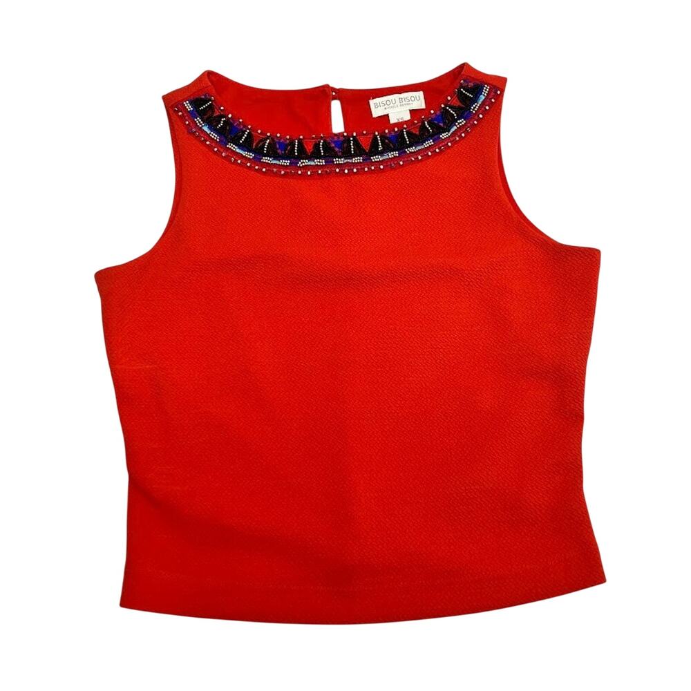 BISOU BISOU Beaded Top Red Structured Sleeveless Cropped Tank Womens Size XS